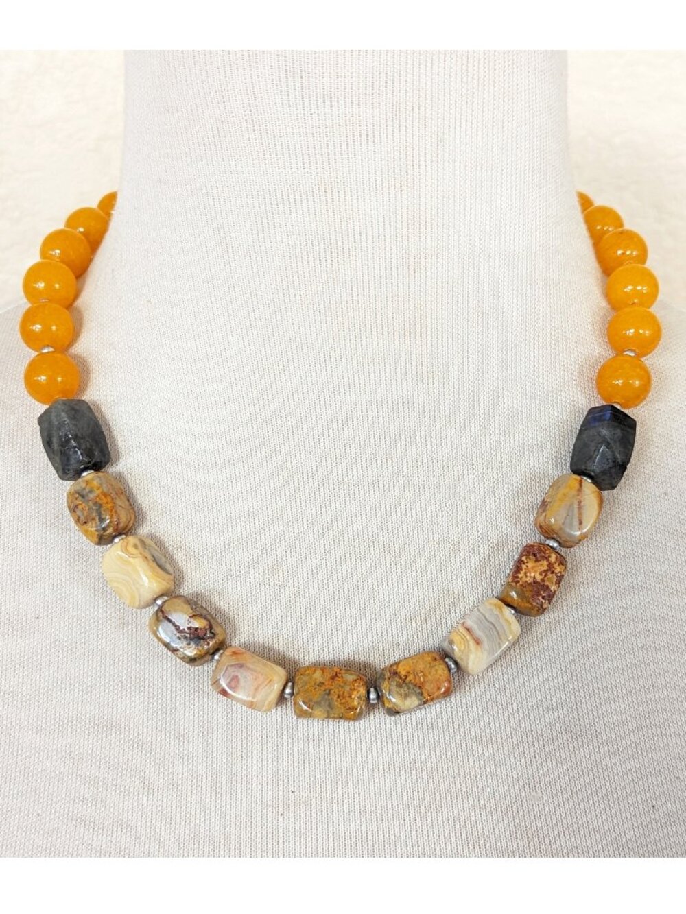 Mustard Yellow Jade & Beige Crazy Lace Agate Strand Statement Necklace